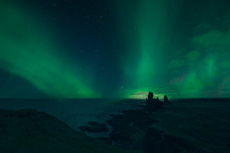 Landscape of Snaefellsnes peninsula in a night with a beautiful Northern Lights. Icelandの写真素材
