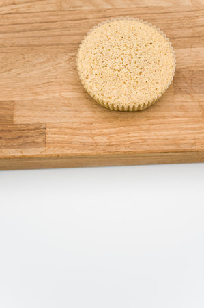 buckwheat flour and almonds organic cake on a wooden and white background with copy spaceの写真素材