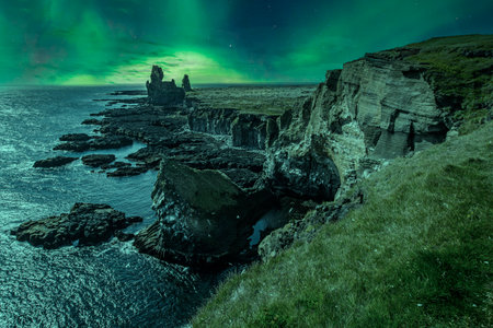 Landscape of Snaefellsnes peninsula in a night with a beautiful Northern Lights. Icelandの写真素材