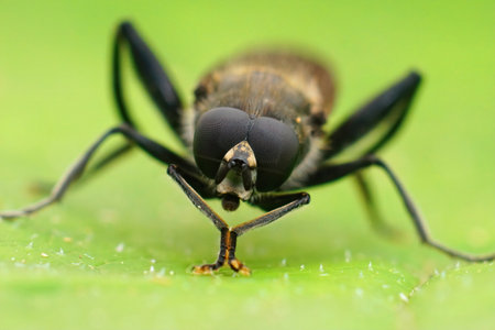 Facial closeup on a red hoverfly, Brachypalpoides lentus  sitting on a green leafの写真素材