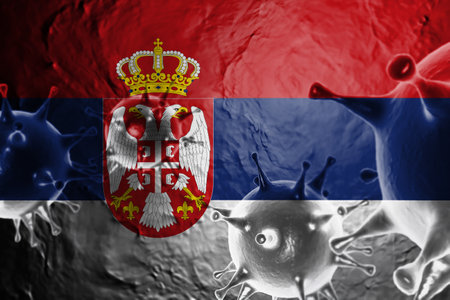 VIRUS WITH Serbia FLAG, CORONA VIRUS, Flu coronavirus floating, micro view, pandemic virus infection, asian flu, covid, covid19, covid-19 3D RENDER.の写真素材