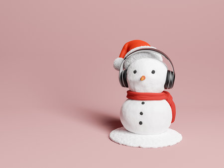 snowman with headphones and santa claus hat. 3d renderingの写真素材
