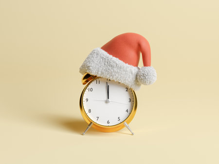 alarm clock with Santa Claus hat. concept of new year, arrival of christmas and deadline. 3d renderingの写真素材