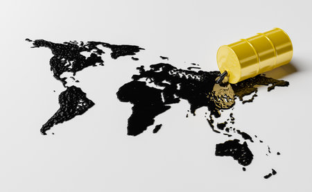 spilled oil barrel forming the map of the world. pollution concept. 3d renderingの写真素材