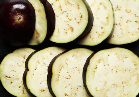 Photography of a sliced eggplant for food backgroundの写真素材