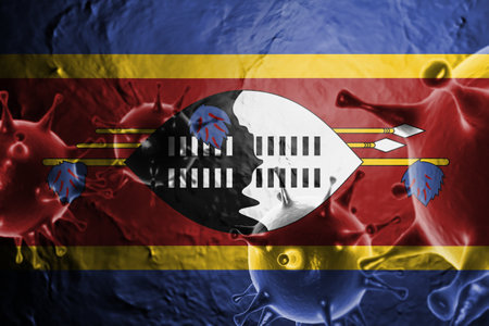 VIRUS WITH Swaziland FLAG, CORONA VIRUS, Flu coronavirus floating, micro view, pandemic virus infection, asian flu, covid, covid19, covid-19 3D RENDER.の写真素材