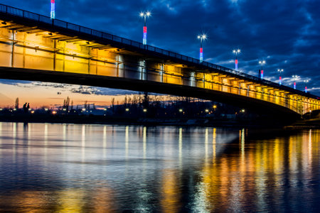 Bridge called Brankov Most in Belgrade, Serbia at sunsetの写真素材