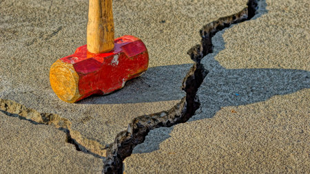 Rusty sledgehammer laying on a broken concrete slabの写真素材