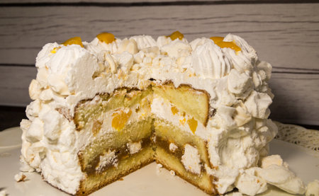 Chaja dessert, made with meringue, cream peaches and dulce de leche typical of Uruguayan and...