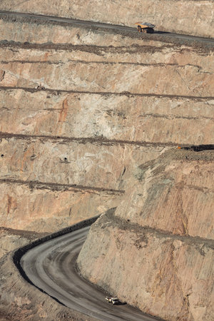 Kalgoorlie Western Australia November 14th 2019 : Trucks working in the Super Pit, a gold mine in...