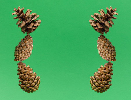 Christmas card made of levitating pine cones with copy space,against green background. Minimal...