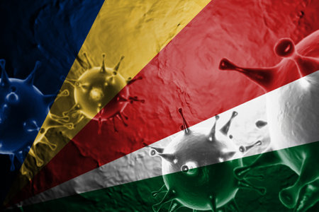 VIRUS WITH Seychelles FLAG, CORONA VIRUS, Flu coronavirus floating, micro view, pandemic virus infection, asian flu, covid, covid19, covid-19 3D RENDER.の写真素材