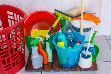 variety of cleaning products in a laundry roomの写真素材