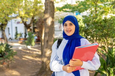 Smiling young Muslim woman in hijab holding a folder going to the university, looking at camera.の写真素材