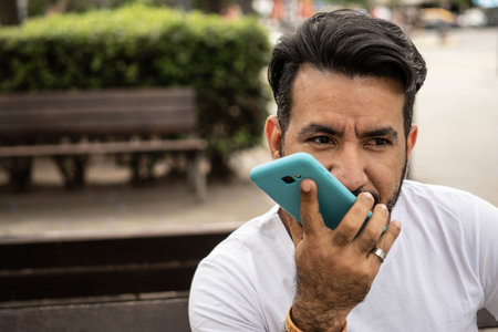Latin man recording audio message on his cell phoneの写真素材