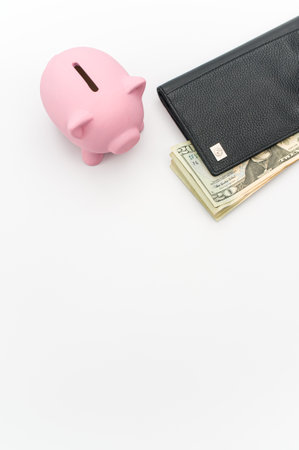 a cute pink piggy bank with wallet and a banknotes wad on a white tabletop with copy spaceの写真素材