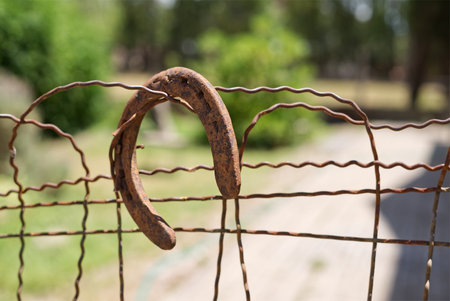 old rusty horseshoe hanging from a wire fenceの写真素材