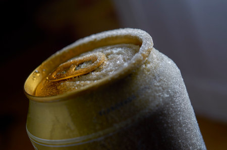 close up of a frozen lager canの写真素材