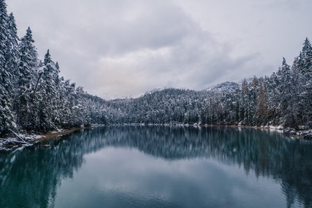 Winter scene at German Eibsee at Zugspitzeの写真素材