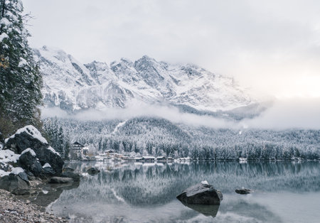Winter scene at German Eibsee at Zugspitzeの写真素材
