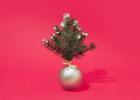 Christmas silver ball tree with shadow and beige champagne ribbon color. Franch rose background with copy space. The holiday season and natural green pine branches with the snow.の写真素材