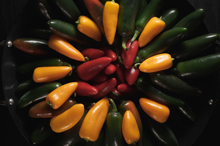 A mix of mini sweet peppers and jalapeÃ±o peppers.の写真素材