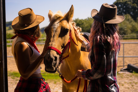 Posed in silhouette of two unrecognizable women in the stable with a horse on a horse, with South...