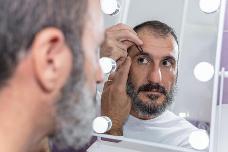 Caucasian Mature man plucking his eyebrows with tweezers in front of mirrorの写真素材
