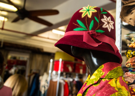 Inside vintage thrift clothing store with Mannequin wearing fashionable hat.の写真素材