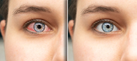 Detail of women red irritated eye before and after eyedrop treatment. Healthcare and eyecare concept.の写真素材