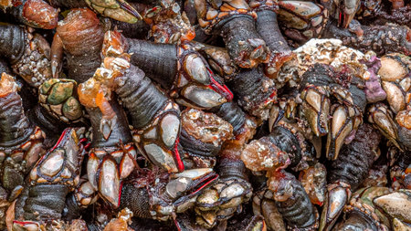 Barnacles are natural crustaceans that live in the marine environment of cliffs. Goose barnacles risk their lives to catch themの写真素材