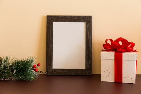 Wooden frame with christmas backgroundの写真素材