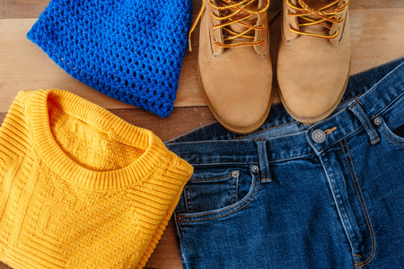 pair of boots a jean, sweater and a hat on a wooden background winter clothing concept.の写真素材
