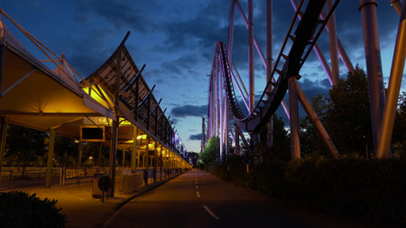 Roller coaster Silverstar from Europa-Park, the largest theme park in germany, at nightの写真素材