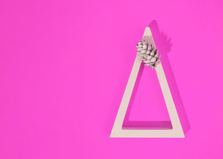A simple solution. White wooden triangle with white pine cone. Electric pink background and soft shadows. Flat Lay. Simple lines of a geometric figure. Copy space. Simple Christmas concept.の写真素材