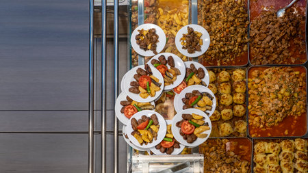 Homemade Foods Served in Big Trays at Restaurant for Sale. Traditional turkish food.