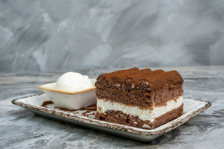 A slice of tiramisu and ice cream in a porcelain serving dish on a marble floorの写真素材