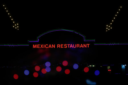 Neon Photo Composite, Mexican Restaurant at Nightの写真素材