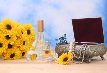Ring With Flowers and Jewelry Box and Perfumeの写真素材