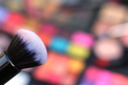 Brightly Colored Cosmetic Pigment Palettes and Cosmetic Brushesの写真素材