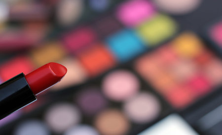 Lipstick With Colorful Cosmetic palettes in backgroundの写真素材