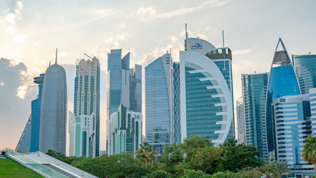 The skyline of Doha city center during evening, Qatar. Selective focusのeditorial素材