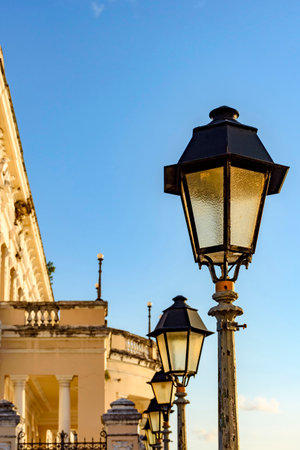 Old street lighting lanterns during the late afternoon in the Pelourinho neighborhood in the city of Salvador, Bahiaの写真素材