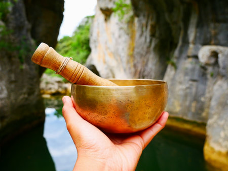 Metal singing bowl for relaxing and receiving healing vibrationsの写真素材