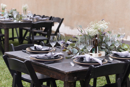 Christmas or New Years celebration party table setting. Plates, silver cutlery, glasses, festive...
