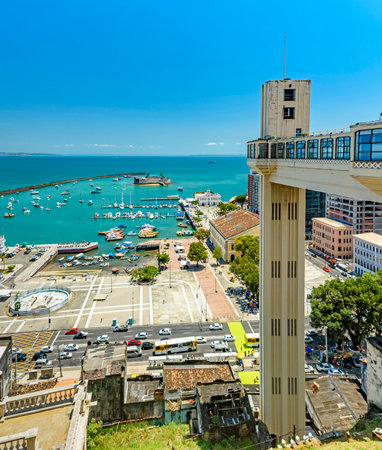 Panoramic view of the bay of All Saints with boats and Lacerda elevator in the city of Salvador in Bahia on a sunny day.の写真素材