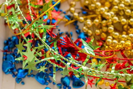 box containing ribbons and christmas decorationsの写真素材