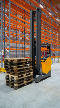 Forklift with pallets in a logistics warehouseの写真素材