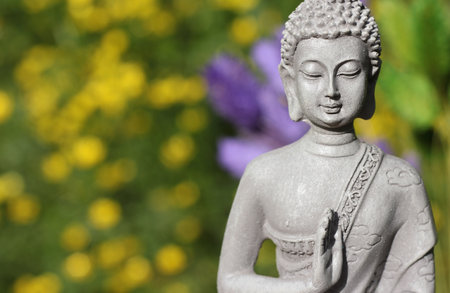 Buddha Statue With Field of Yellow Flowers in Backgroundの写真素材