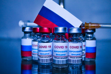 group of russian covid 19 vaccines to be used in patients. Tag text reads, corona virus vaccine injection onlyの写真素材